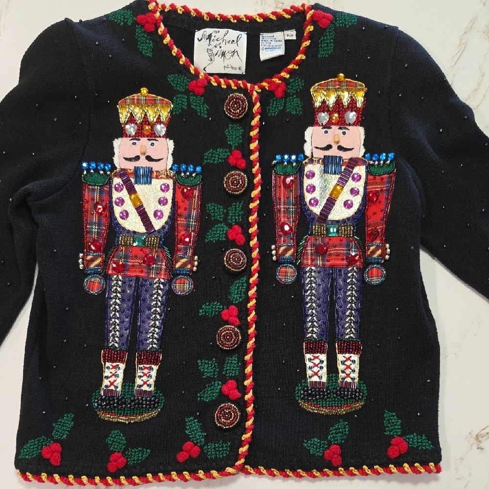 Vintage Holiday Michael Simon Cardigan Nutcracker Beaded Design Small Petite
